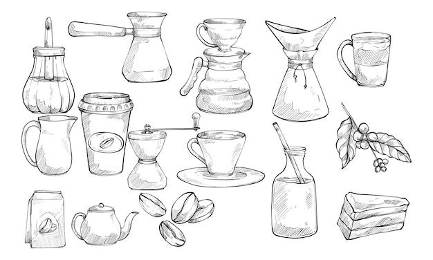 Colección de dibujos a mano de un juego de café