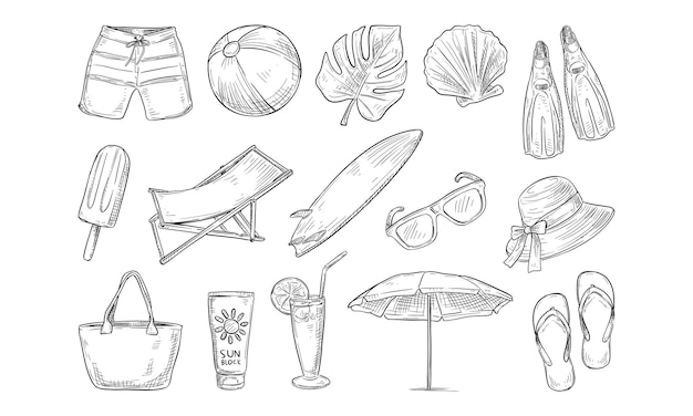 Colección de dibujos a mano en la playa