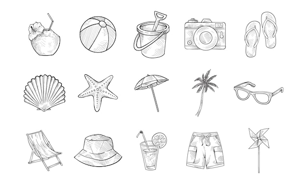 Colección de dibujos a mano para vacaciones en la playa
