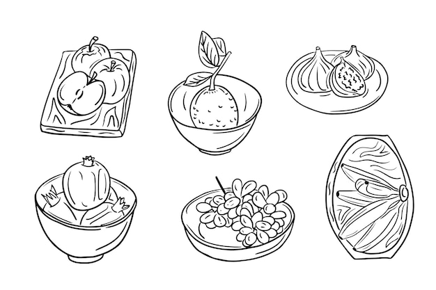 Colección de dibujos sketch de frutas en platos