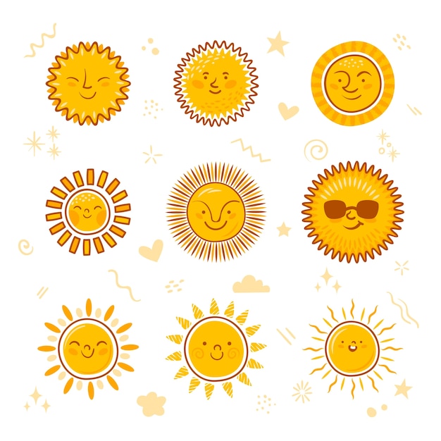Colección de dibujos de sol dibujados a mano de garabatos