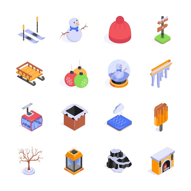Una colección de dieciséis iconos isométricos de invierno perfectos para agregar un toque festivo a sus diseños