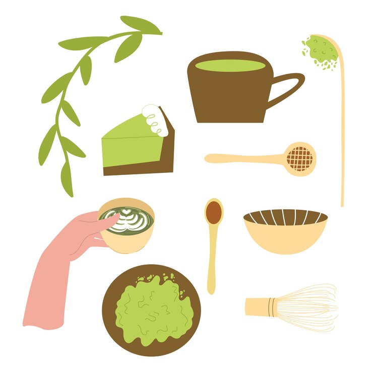 Vector colección de diferentes alimentos matcha un delicioso pastel de chocolate una taza de café con leche en la mano un conjunto de artículos de cocina de dibujos animados vector ilustración dibujada a mano aislada en un fondo blanco