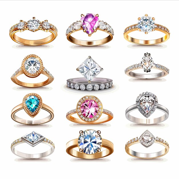 una colección de diferentes anillos incluyendo uno que dice "zafiro"