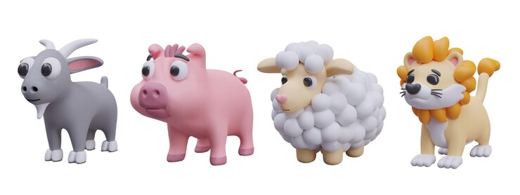 Vector colección con diferentes animales de dibujos animados cabra realista cerdo rosa ovejas pequeñas