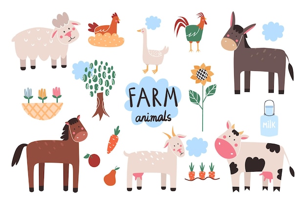 colección de diferentes animales de granja dibujos animados animales lindos