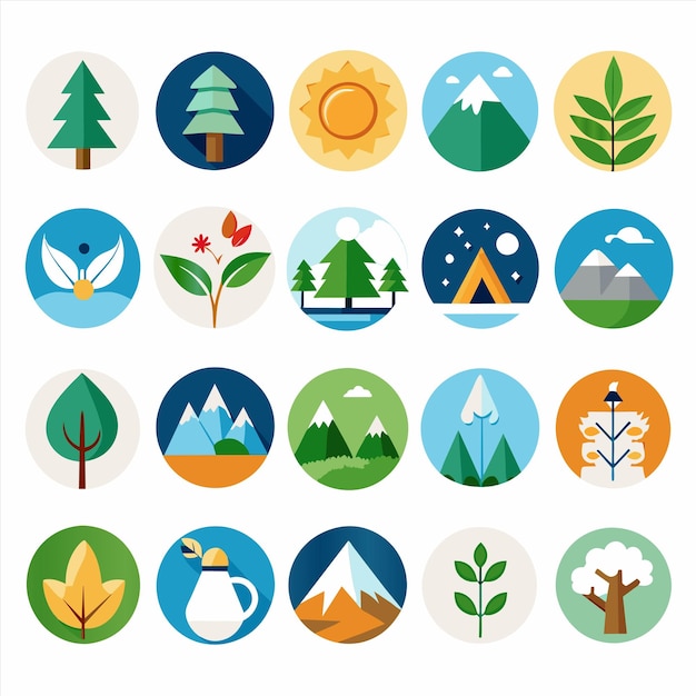 una colección de diferentes árboles y arbustos con una imagen de una montaña y un bosque