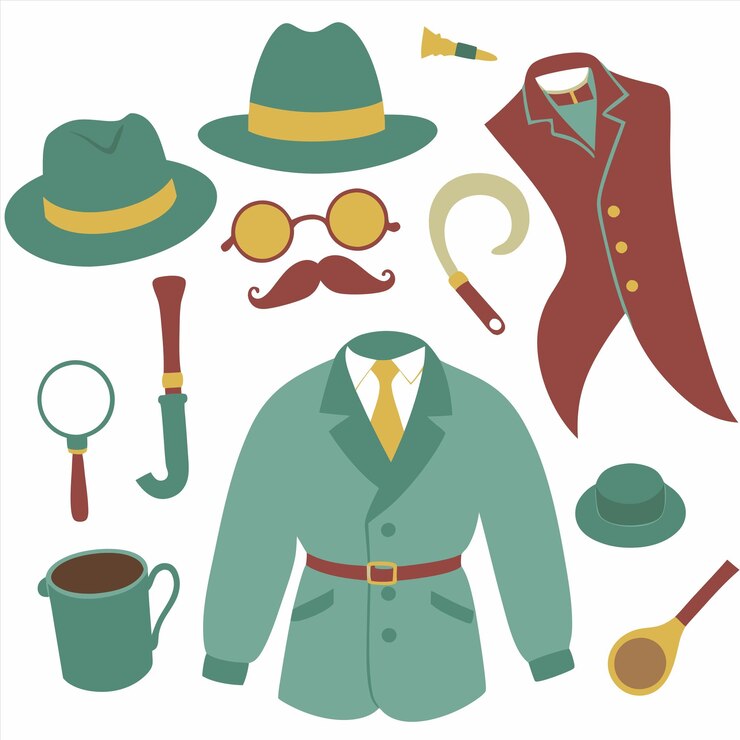 Vector una colección de diferentes artículos, incluida una corbata de traje y gafas de sol