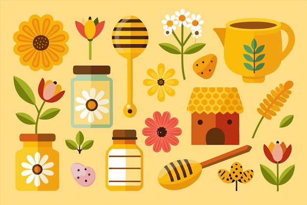 una colección de diferentes artículos, incluida una jarra de flores y una jarra de miel