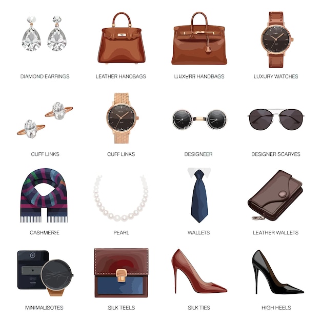 una colección de diferentes artículos, incluido un bolso de cuero marrón