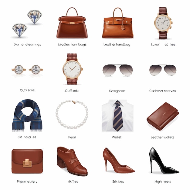 una colección de diferentes artículos, incluido un bolso de reloj y joyas