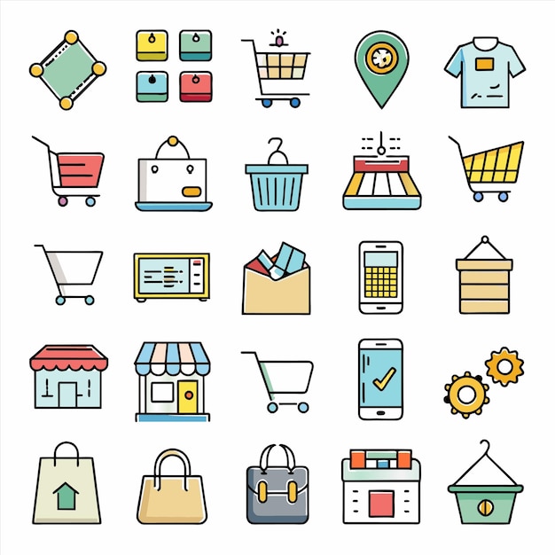 una colección de diferentes artículos, incluido un carrito de compras un carrillo de compras y un carro de compras
