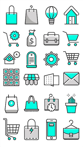 una colección de diferentes artículos, incluido un carrito de compras el que tiene un signo de dólar en él
