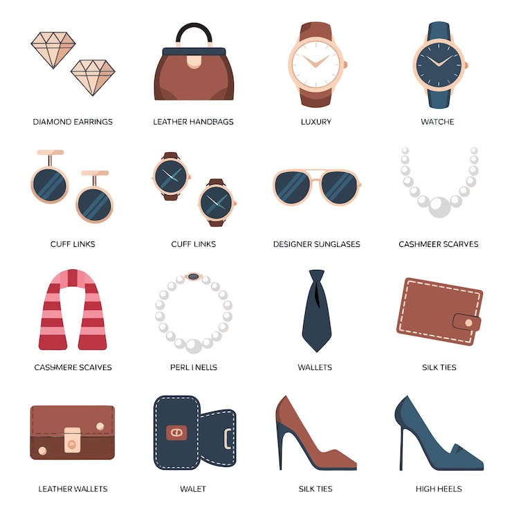 Vector una colección de diferentes artículos, incluido un reloj y joyas