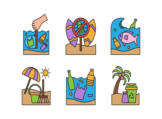 una colección de diferentes artículos, incluidos juguetes de playa, palmeras y sombrillas de playa