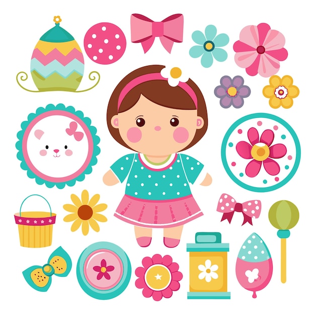 una colección de diferentes artículos incluyendo una niña pequeña y una caja de juguetes