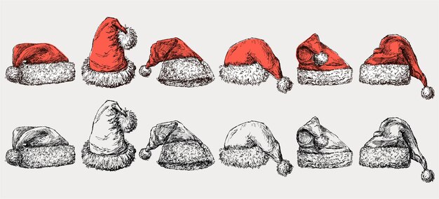 Colección de diferentes bocetos sombreros rojos de Papá Noel con piel blanca y sombreros de pompones para Navidad