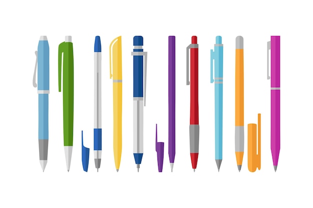 Colección de diferentes bolígrafos, estilo plano, ilustración vectorial