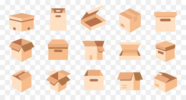 Colección de diferentes cajas de papel para la entrega del envío Embalaje de entrega de cartón caja abierta y cerrada Conjunto de cajas de cartón