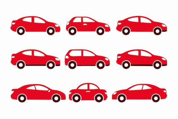 una colección de diferentes coches, incluido uno que tiene una franja roja