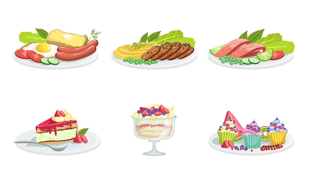 Colección de diferentes conjuntos de alimentos comida deliciosa servida y postres menú de restaurante de cafetería elementos de diseño ilustración vectorial