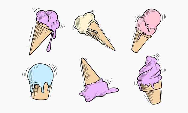 colección de diferentes conos de helado dibujados en un estilo caprichoso con elementos derretidos ilustración dibujada a mano