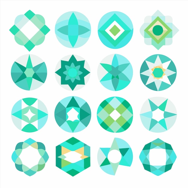 una colección de diferentes diseños, incluido un diamante verde, azul y blanco