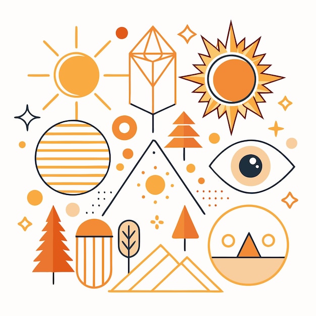 una colección de diferentes diseños, incluido un sol y árboles