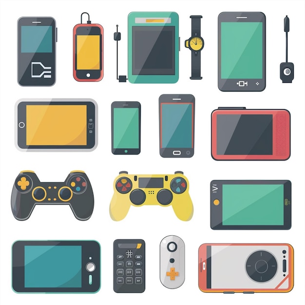 una colección de diferentes dispositivos electrónicos, incluido uno que dice Sony