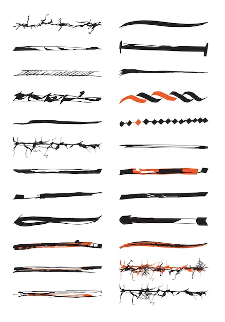 Colección de diferentes divisores de Halloween dibujados a mano con trazos esponjosos aislados sobre un fondo blanco