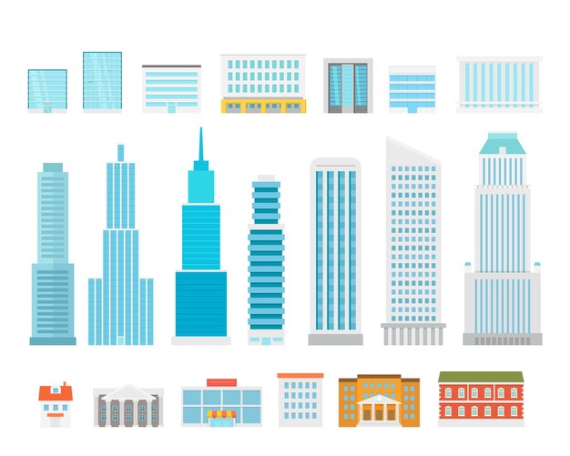 Colección de diferentes elementos de la ciudad. Rascacielos y casas de la ciudad moderna