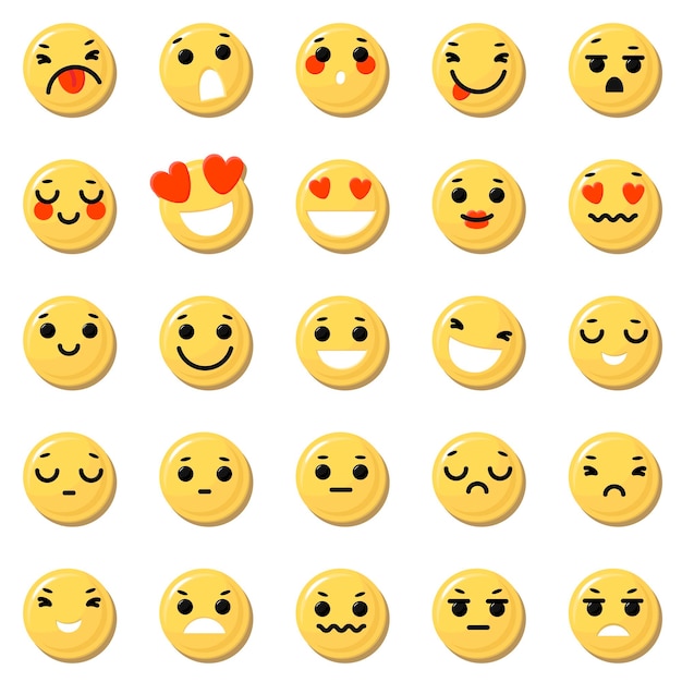 Colección diferentes emociones uso para mensajes en chat de correo de redes sociales caras divertidas de emoticonos amarillos con expresiones faciales estilo plano en ilustración vectorial