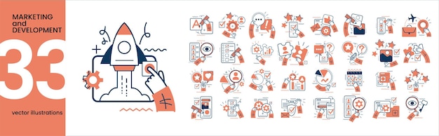 Colección de diferentes escenas y situaciones de desarrollo y marketing. Manos humanas con iconos