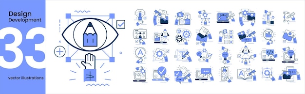 Colección de diferentes escenas y situaciones de diseño y desarrollo. manos humanas con iconos