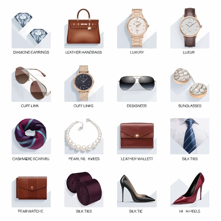 Vector una colección de diferentes estilos de accesorios, incluido un reloj y un reloj