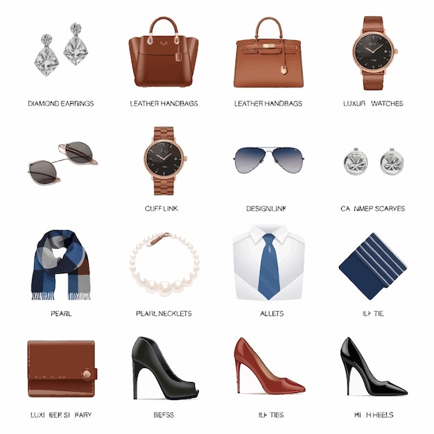 una colección de diferentes estilos de accesorios para mujeres, incluido un reloj y un reloj