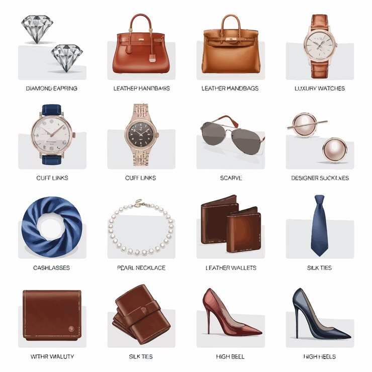 Vector una colección de diferentes estilos de accesorios para mujeres, incluido un reloj y un reloj