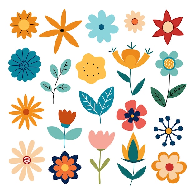 Colección de diferentes flores botánicas abstractas vectoriales y ilustraciones de hojas