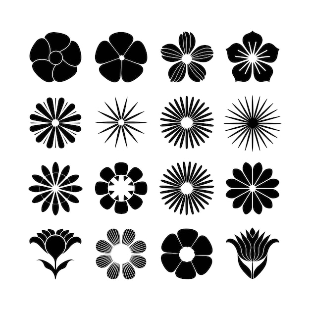 Una colección de diferentes formas de flores diseño vectorial de icono de silueta con fondo blanco