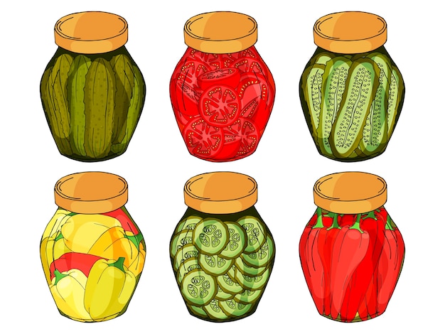 Vector colección de diferentes frascos de vidrio con pimientos, pepinos, tomates caseros.