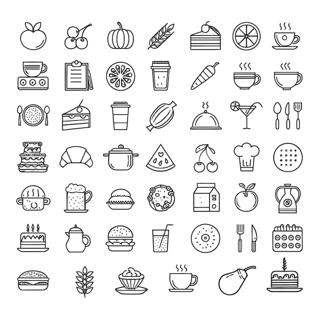 una colección de diferentes frutas o alimentos deliciosos icono de línea de arte o silueta con fondo blanco
