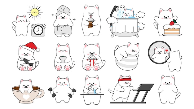 Colección de diferentes gatos pequeños lindos sobre un fondo blanco. Conjunto kawaii de diseño de personajes de animales divertidos en estilo de dibujos animados. Gato mascota. Etiquetas engomadas del bebé. Ilustración vectorial.