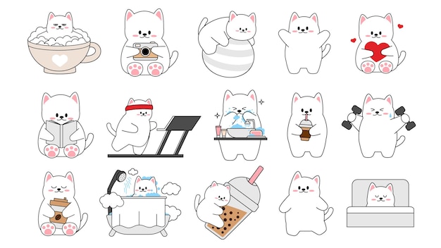 Colección de diferentes gatos pequeños lindos sobre un fondo blanco. Conjunto kawaii de diseño de personajes de animales divertidos en estilo de dibujos animados. Gato mascota. Etiquetas engomadas del bebé. Ilustración vectorial.