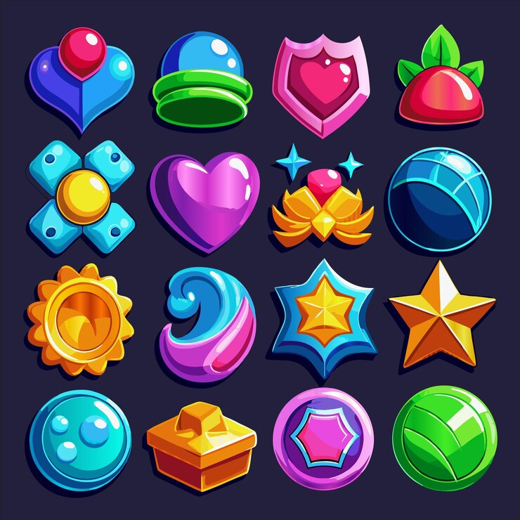 Vector una colección de diferentes iconos de colores, incluido uno que dice que el juego es