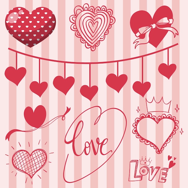Colección de diferentes iconos de corazón en color rojo
