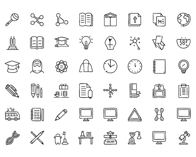 una colección de diferentes iconos de educación, incluido un cuaderno de cuadernos de cuaderno y un cuadernillo