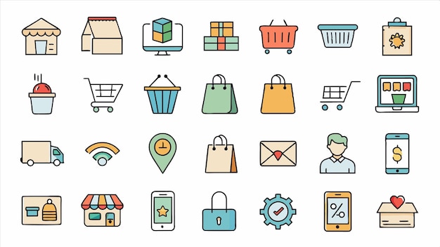 una colección de diferentes iconos, incluida una bolsa de compras, una bolsa de tiendas y un letrero que dice tienda