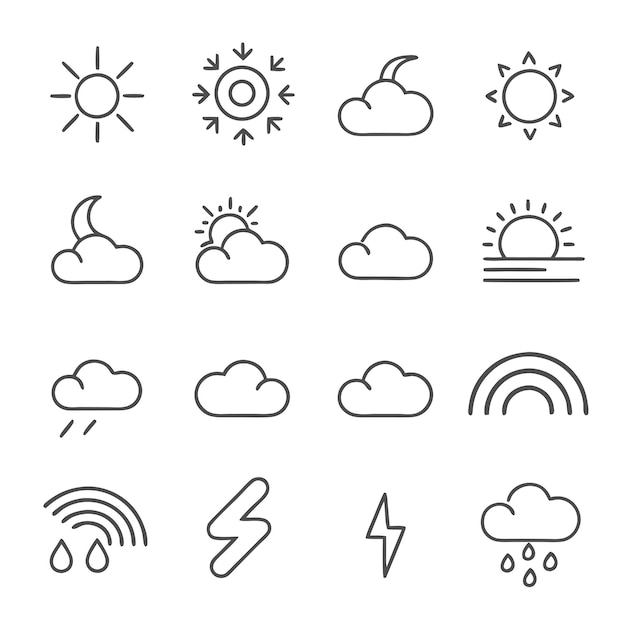 una colección de diferentes iconos, incluidas las nubes del sol y el clima