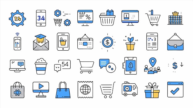 una colección de diferentes iconos, incluido uno azul y blanco que dice "quotes de negocios"