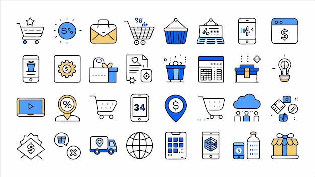 una colección de diferentes iconos, incluido un letrero azul y blanco que dice compras